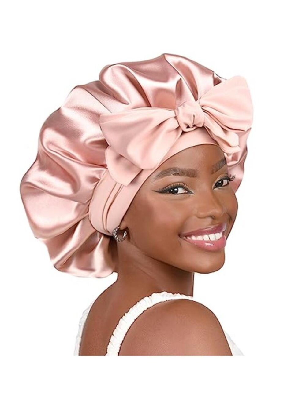 Adjustable Satin Sleep Bonnet Double Layer Hair Wrap Frizz Control Blush Pink